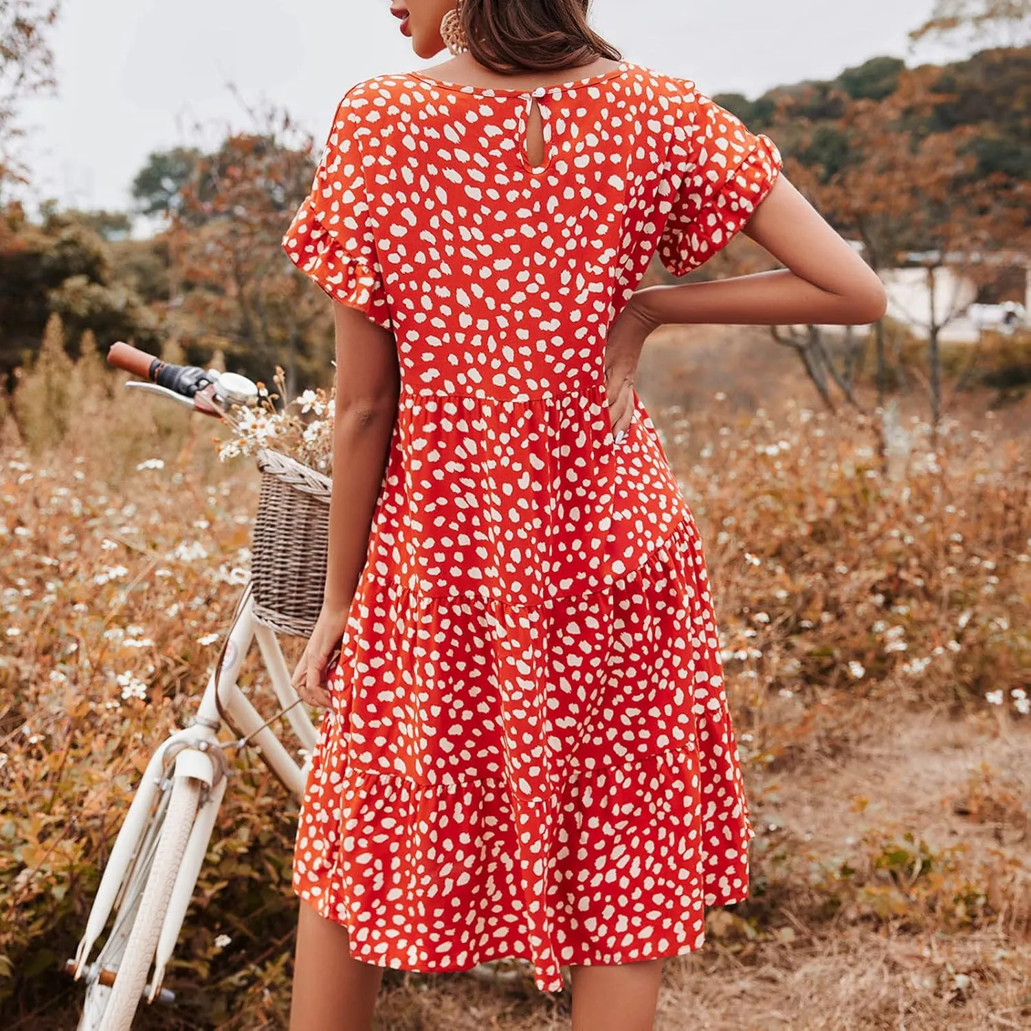 Dot Print Dress for Women Casual Loose Floral Print Dress Short Sleeve Ruffle Sleeve Party Dress Crewneck Mini Dress