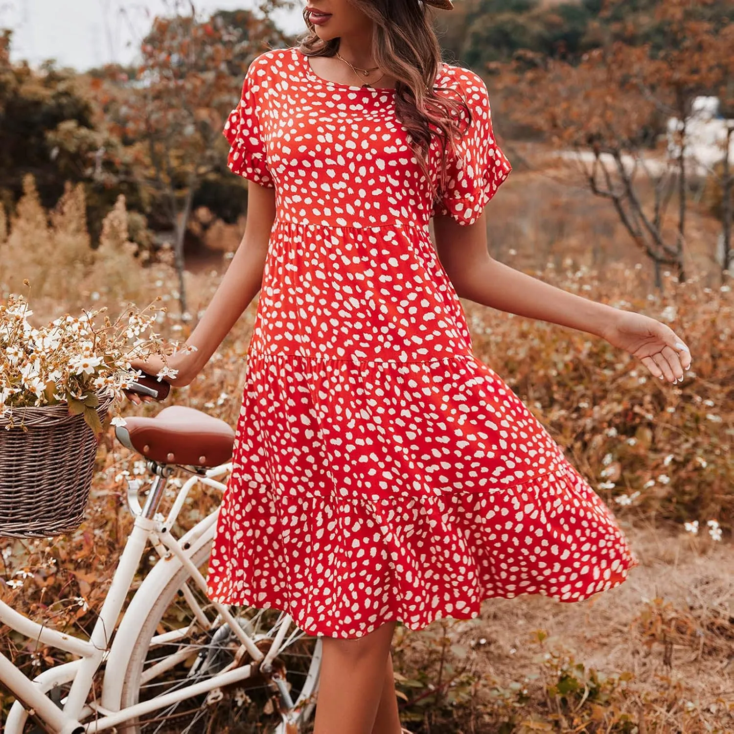 Dot Print Dress for Women Casual Loose Floral Print Dress Short Sleeve Ruffle Sleeve Party Dress Crewneck Mini Dress