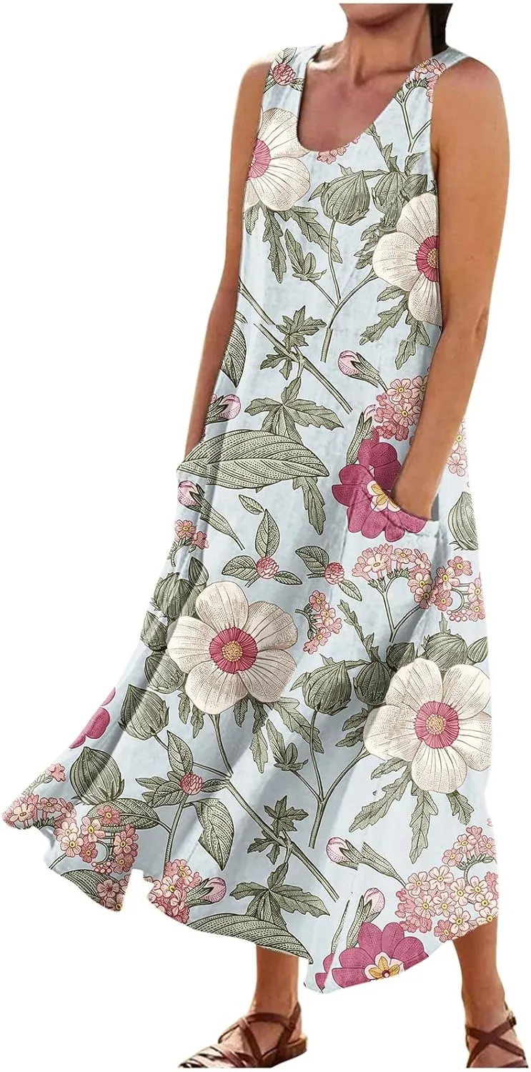 Dresses for Women 2025 Beach Floral Printed Cotton Linen Dresses with Pockets Sleeveless Casual Flowy Maxi Dress