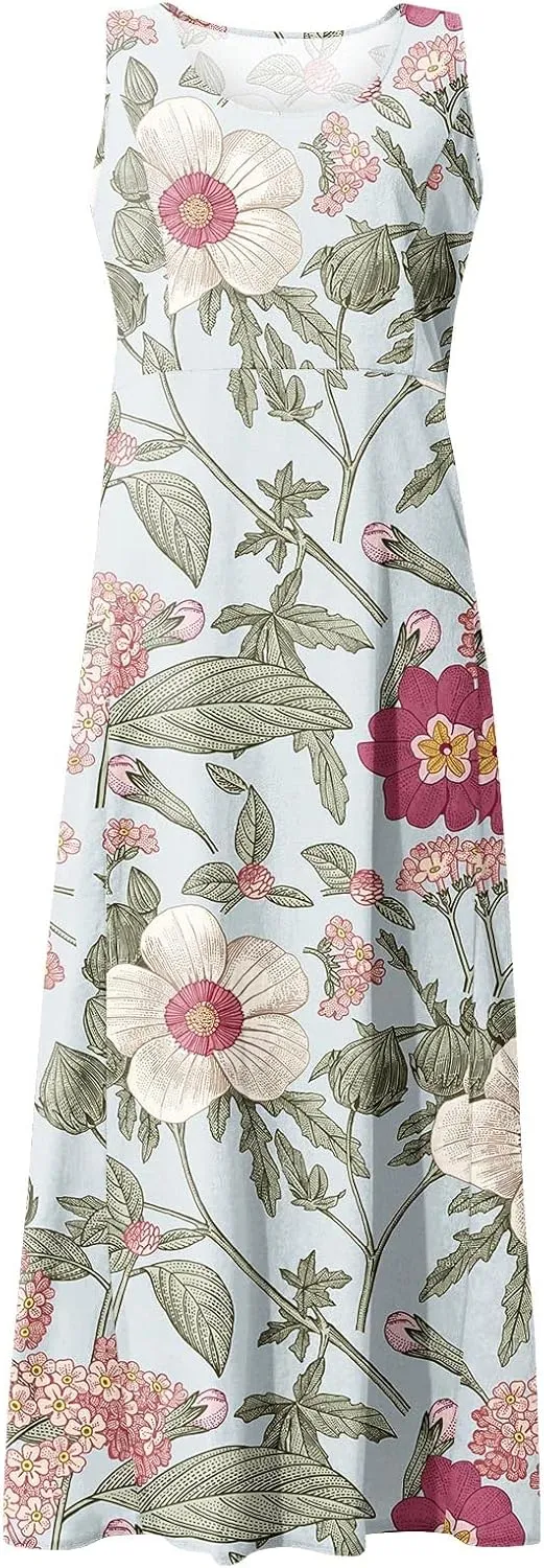 Dresses for Women 2025 Beach Floral Printed Cotton Linen Dresses with Pockets Sleeveless Casual Flowy Maxi Dress