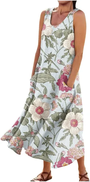 Dresses for Women 2025 Beach Floral Printed Cotton Linen Dresses with Pockets Sleeveless Casual Flowy Maxi Dress