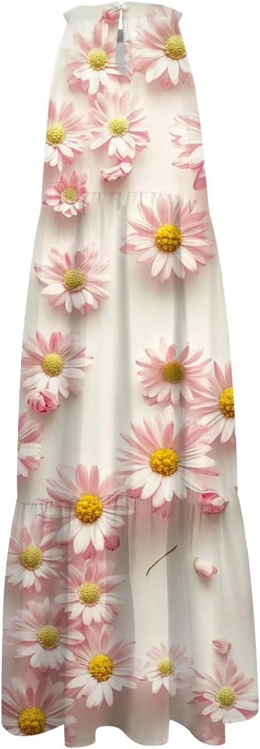Dresses for Women 2025 Sleeveless Floral Print Tank Dresses Hanging Neck Splicing Midi Dresses Loose Sundresses