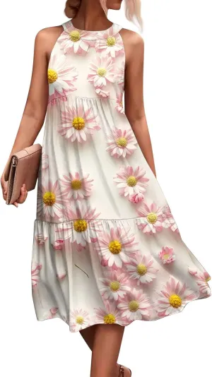 Dresses for Women 2025 Sleeveless Floral Print Tank Dresses Hanging Neck Splicing Midi Dresses Loose Sundresses