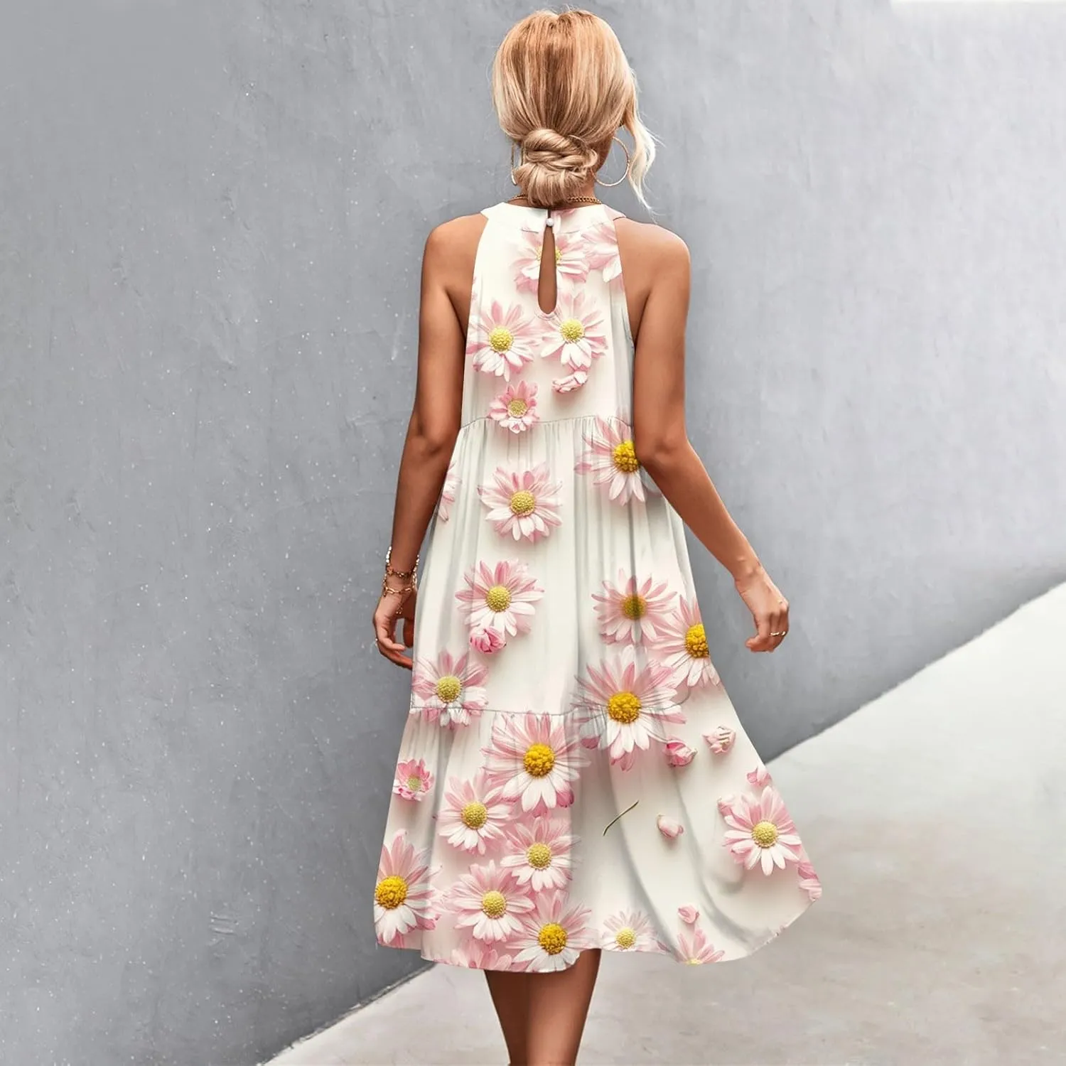 Dresses for Women 2025 Sleeveless Floral Print Tank Dresses Hanging Neck Splicing Midi Dresses Loose Sundresses