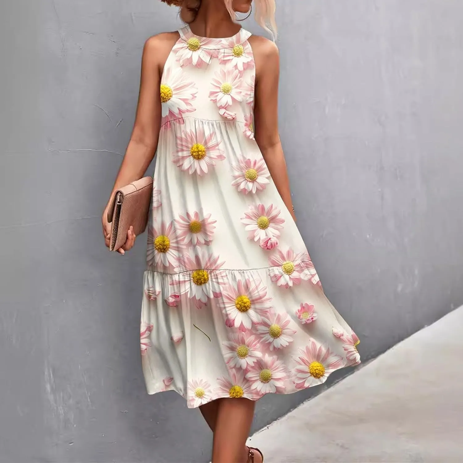 Dresses for Women 2025 Sleeveless Floral Print Tank Dresses Hanging Neck Splicing Midi Dresses Loose Sundresses