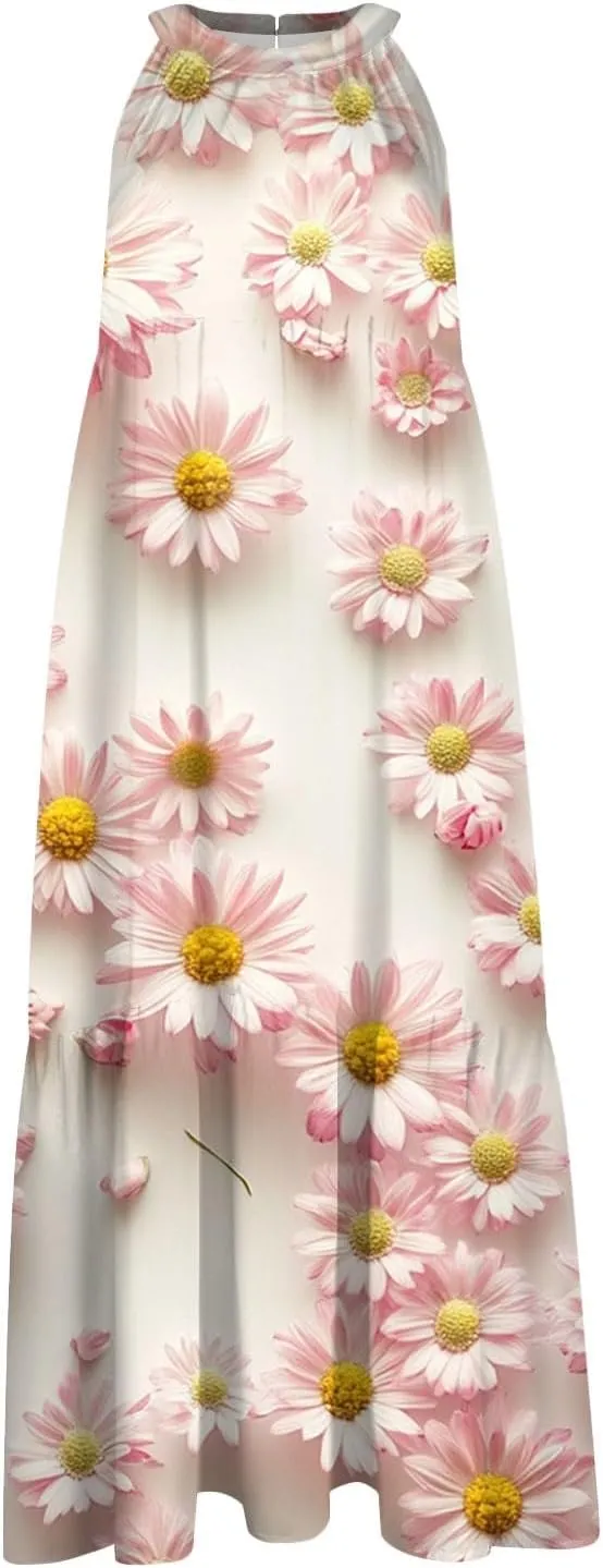 Dresses for Women 2025 Sleeveless Floral Print Tank Dresses Hanging Neck Splicing Midi Dresses Loose Sundresses