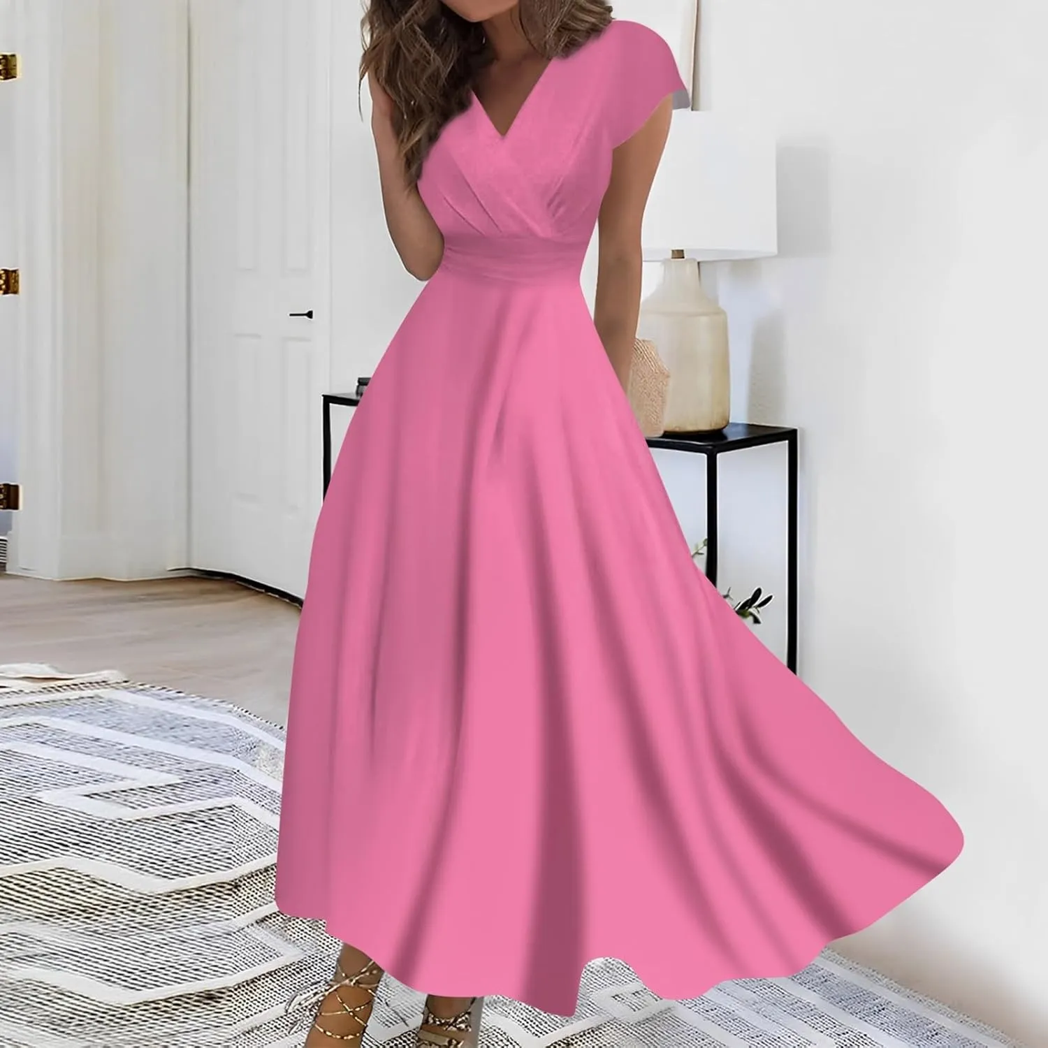 Dresses for Women 2025 Sleeveless Flowy Ruched Maxi Dress Wrap V Neck Floral Print Sundress Trendy Boho Dress