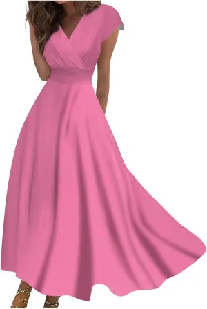 Dresses for Women 2025 Sleeveless Flowy Ruched Maxi Dress Wrap V Neck Floral Print Sundress Trendy Boho Dress