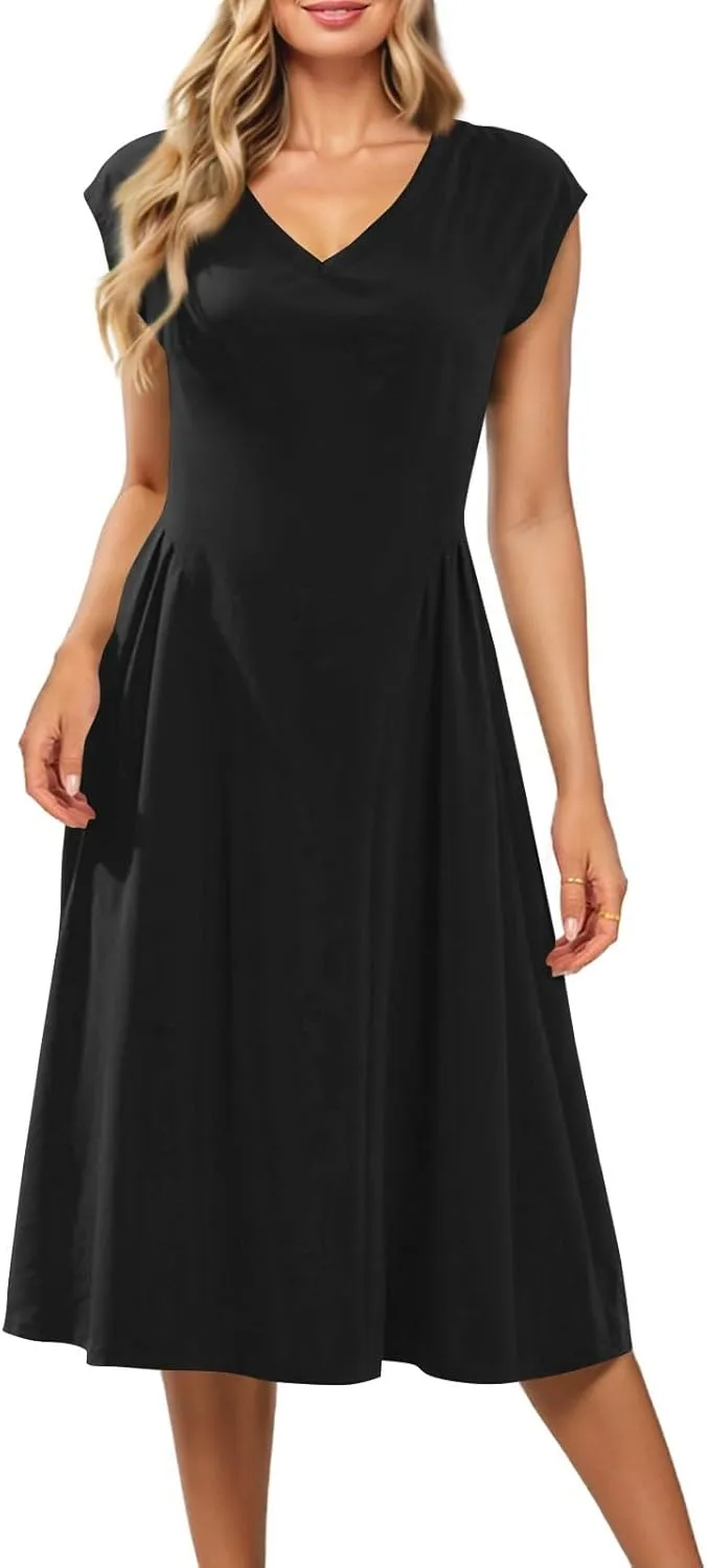 Dresses for Women Cap Sleeve Solid Color V-Neck Sleeveless Patchwork Pleated Slim Fit Dress