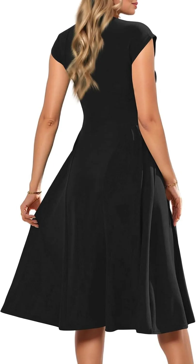 Dresses for Women Cap Sleeve Solid Color V-Neck Sleeveless Patchwork Pleated Slim Fit Dress
