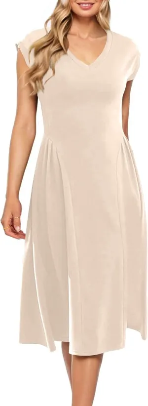 Dresses for Women Cap Sleeve Solid Color V-Neck Sleeveless Patchwork Pleated Slim Fit Dress