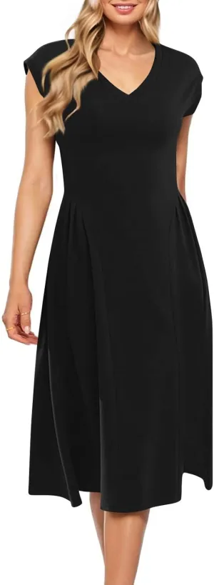 Dresses for Women Cap Sleeve Solid Color V-Neck Sleeveless Patchwork Pleated Slim Fit Dress