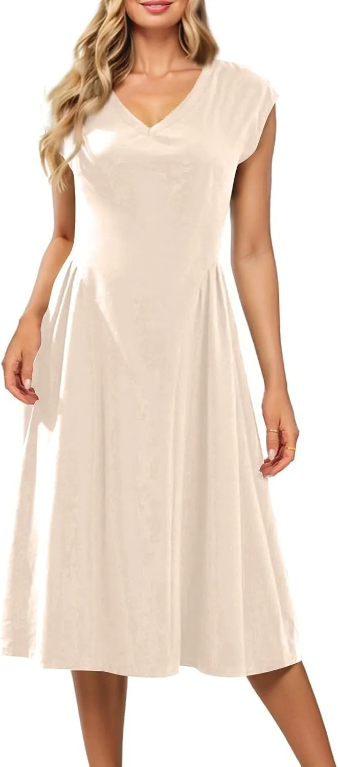 Dresses for Women Cap Sleeve Solid Color V-Neck Sleeveless Patchwork Pleated Slim Fit Dress