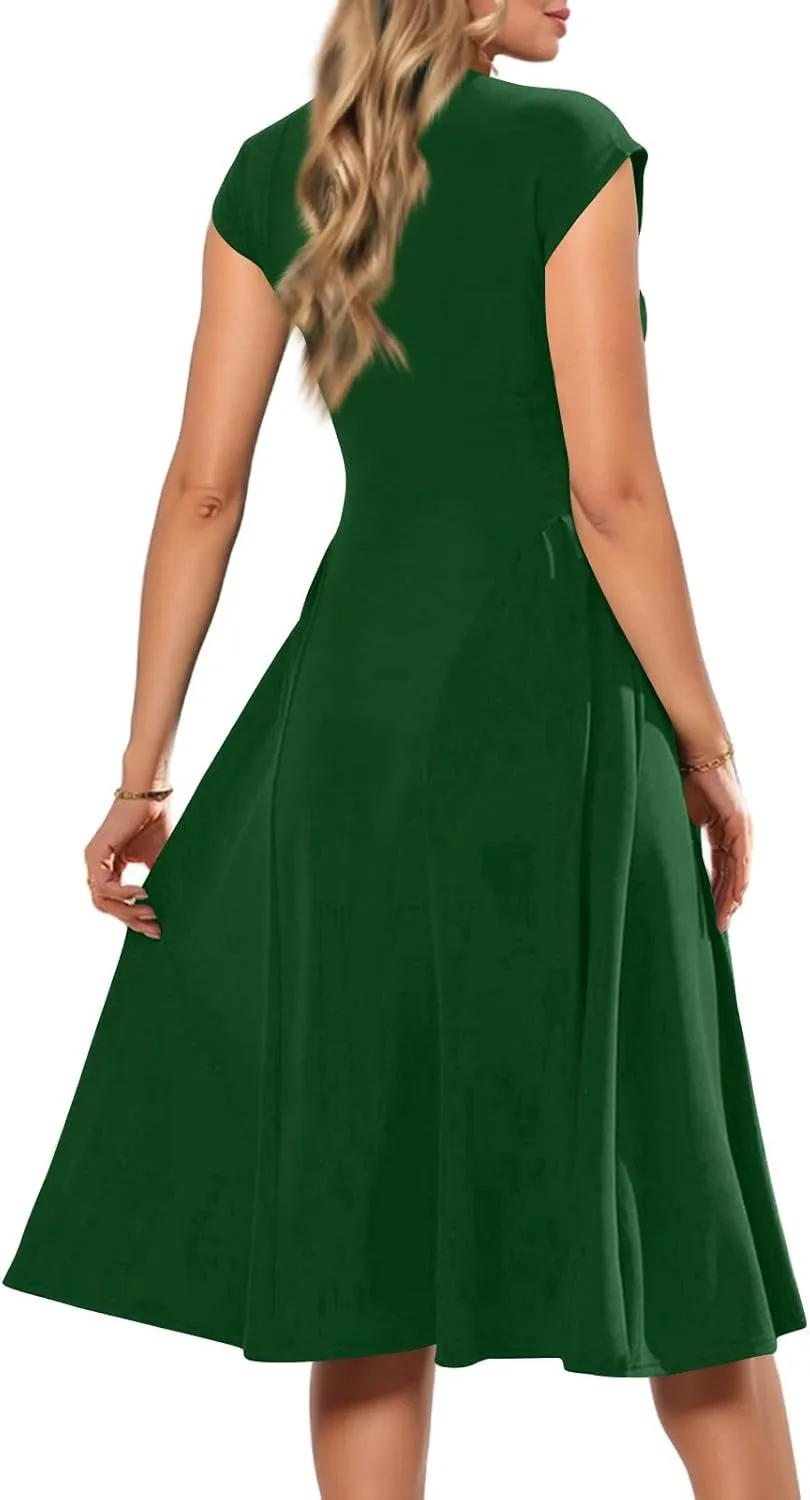 Dresses for Women Cap Sleeve Solid Color V-Neck Sleeveless Patchwork Pleated Slim Fit Dress