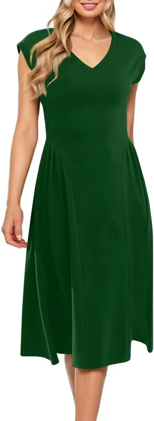 Dresses for Women Cap Sleeve Solid Color V-Neck Sleeveless Patchwork Pleated Slim Fit Dress
