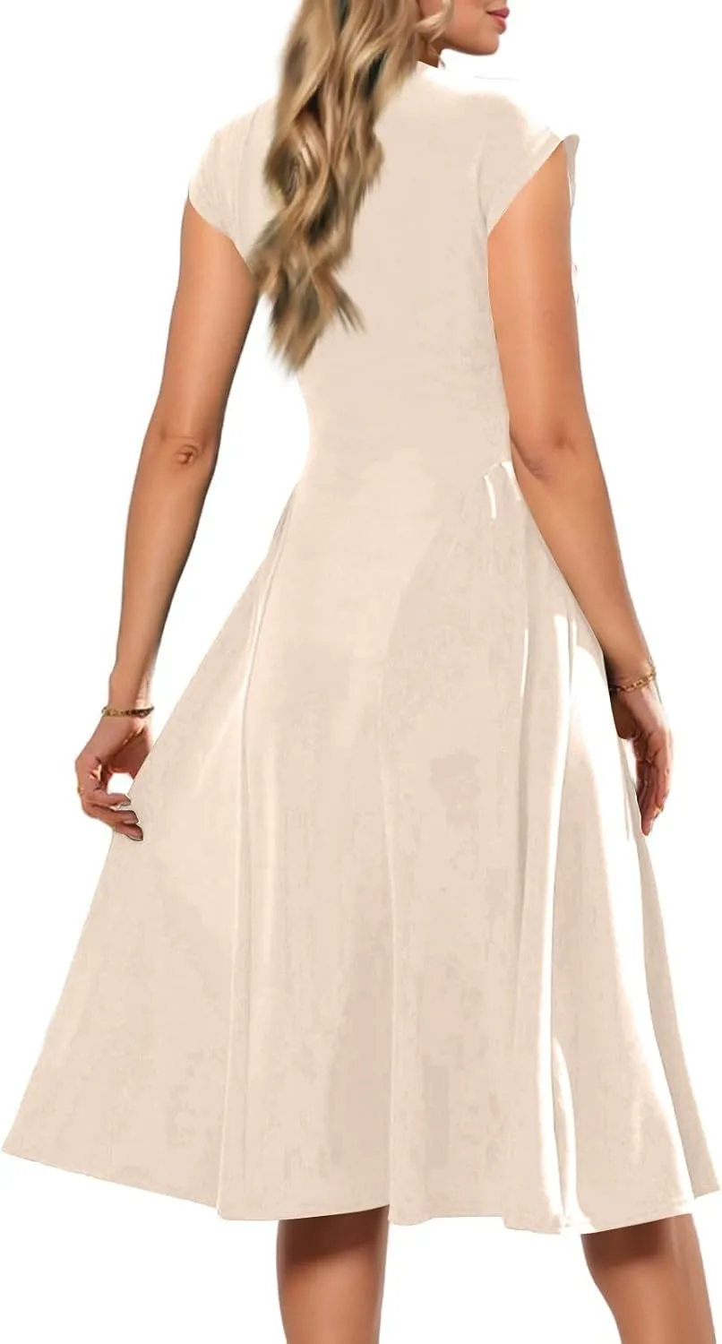 Dresses for Women Cap Sleeve Solid Color V-Neck Sleeveless Patchwork Pleated Slim Fit Dress