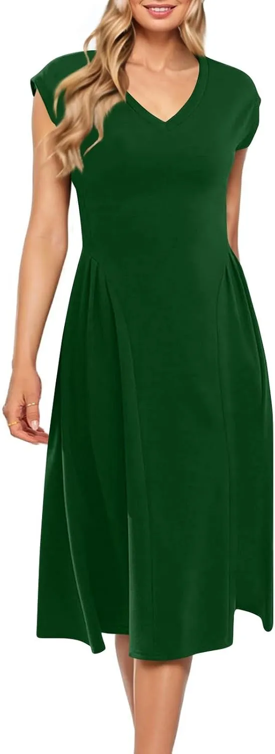 Dresses for Women Cap Sleeve Solid Color V-Neck Sleeveless Patchwork Pleated Slim Fit Dress