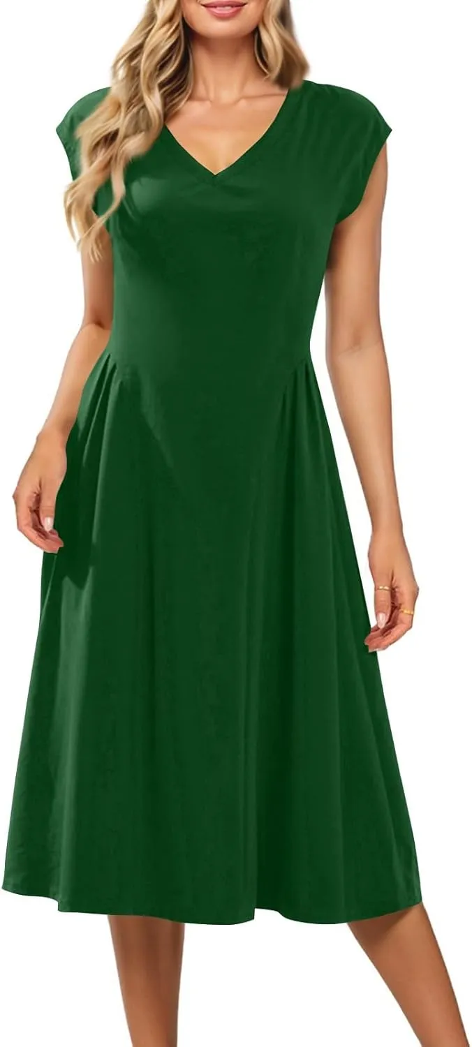 Dresses for Women Cap Sleeve Solid Color V-Neck Sleeveless Patchwork Pleated Slim Fit Dress