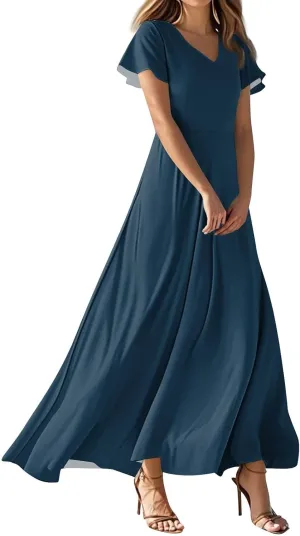 Dresses for Women Casual Solid Color V-Neck Short Sleeve Swing Long Maxi Dress Beach Sundress