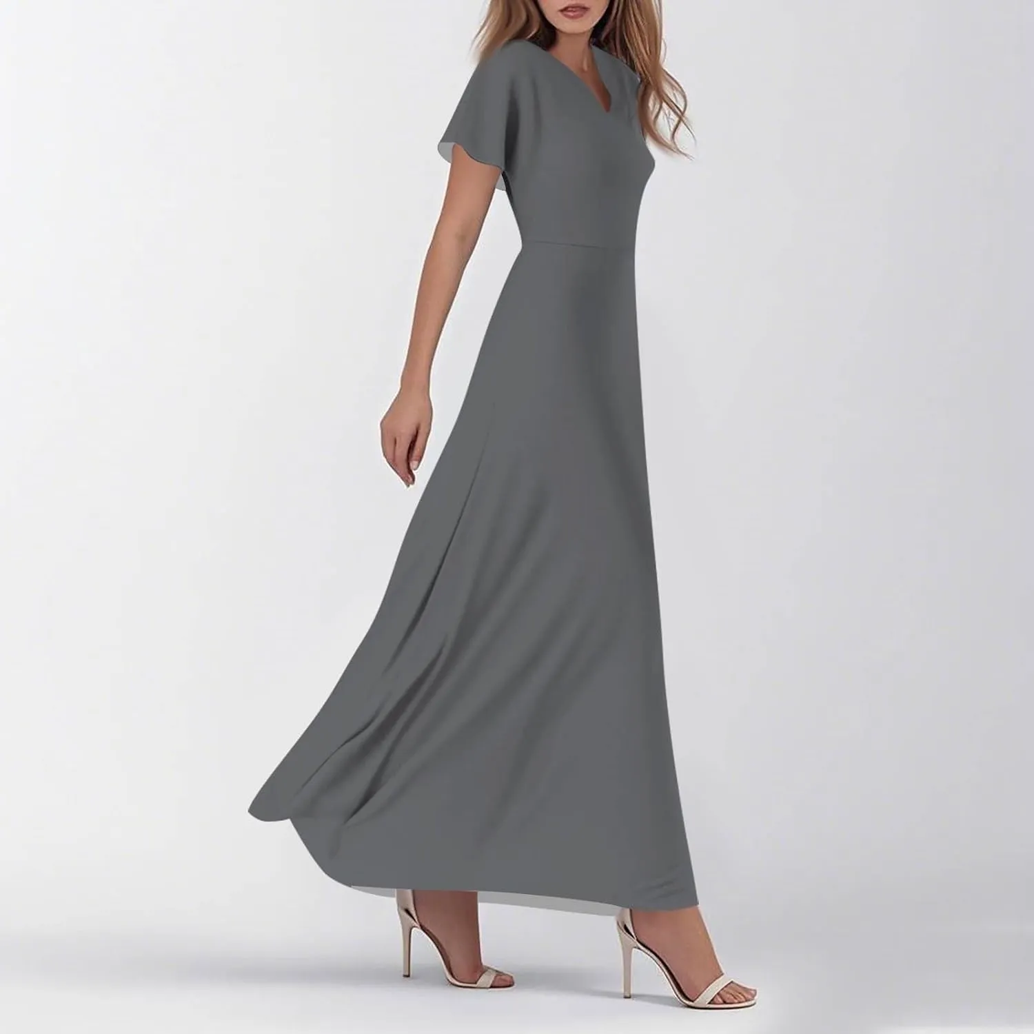 Dresses for Women Casual Solid Color V-Neck Short Sleeve Swing Long Maxi Dress Beach Sundress