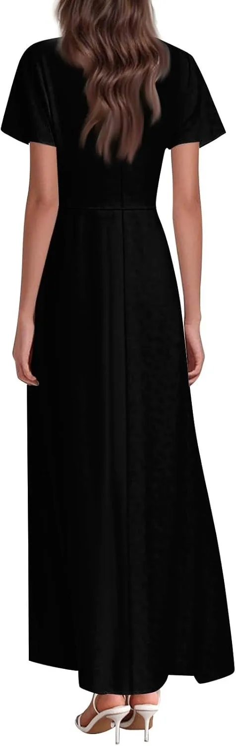 Dresses for Women Casual Solid Color V-Neck Short Sleeve Swing Long Maxi Dress Beach Sundress