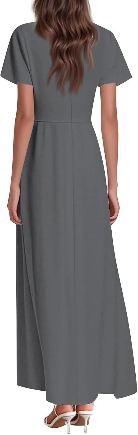 Dresses for Women Casual Solid Color V-Neck Short Sleeve Swing Long Maxi Dress Beach Sundress