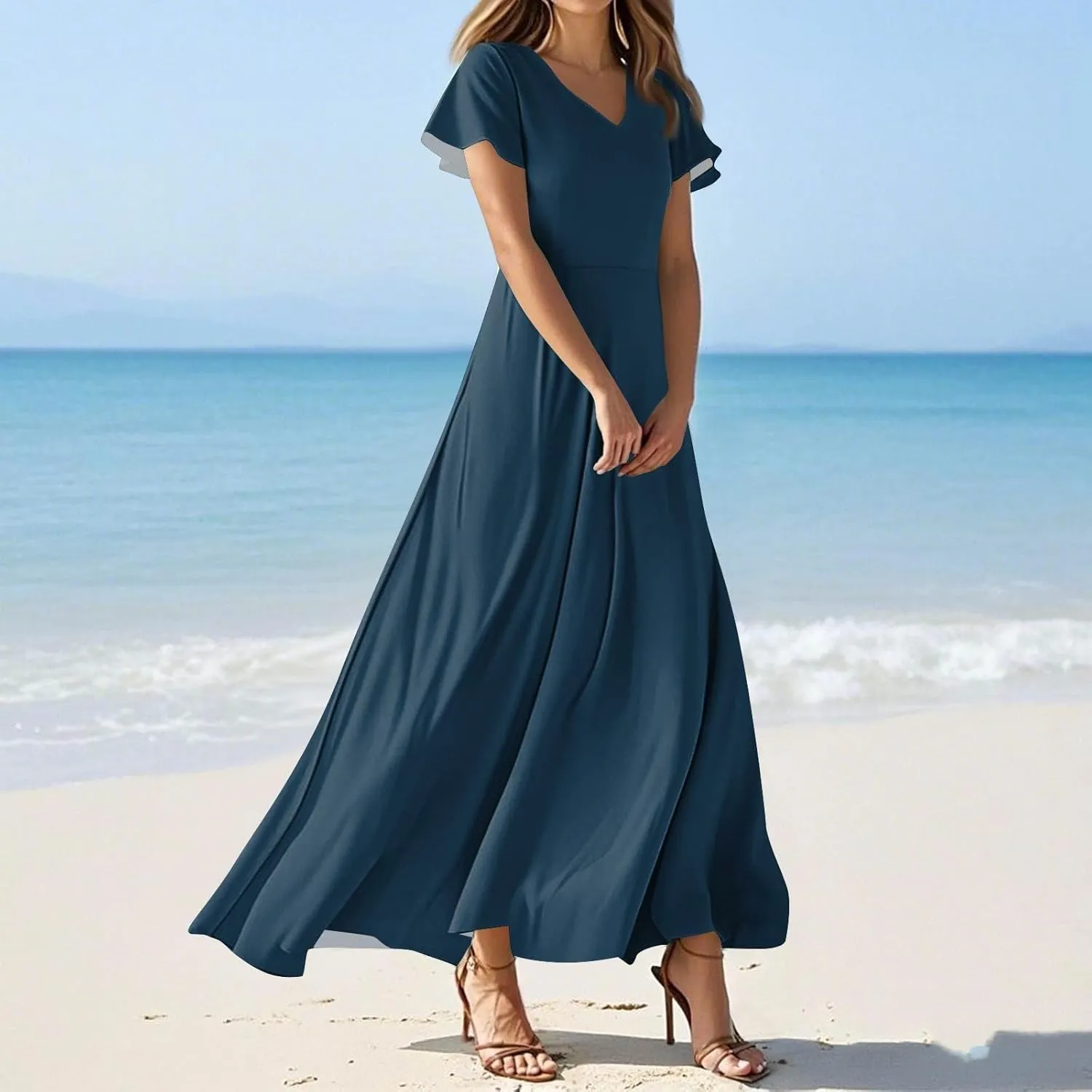 Dresses for Women Casual Solid Color V-Neck Short Sleeve Swing Long Maxi Dress Beach Sundress