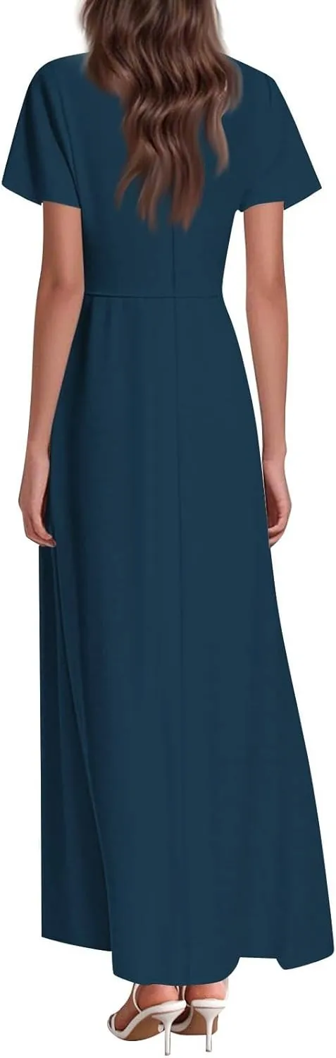 Dresses for Women Casual Solid Color V-Neck Short Sleeve Swing Long Maxi Dress Beach Sundress