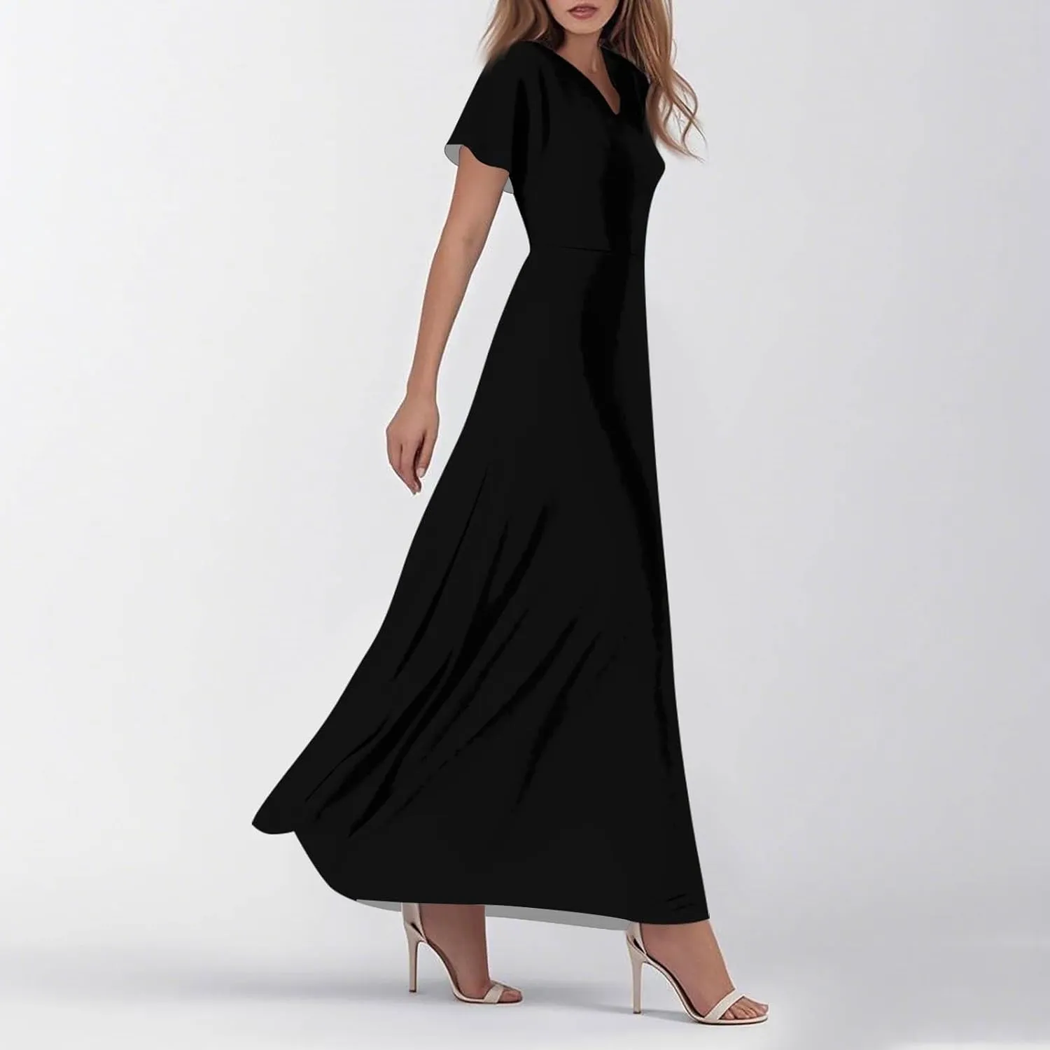 Dresses for Women Casual Solid Color V-Neck Short Sleeve Swing Long Maxi Dress Beach Sundress