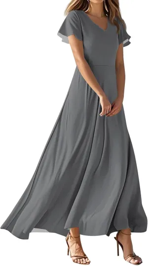 Dresses for Women Casual Solid Color V-Neck Short Sleeve Swing Long Maxi Dress Beach Sundress