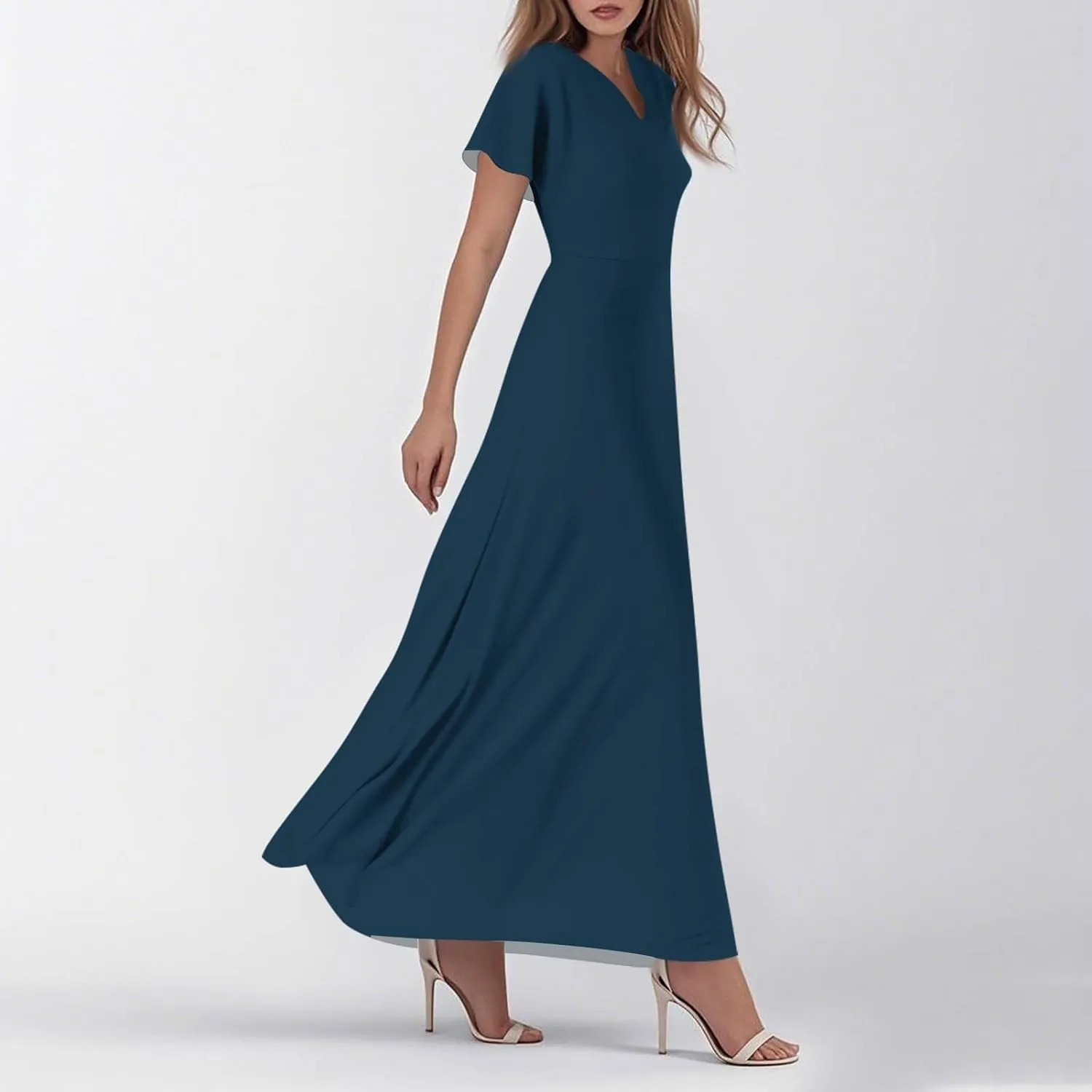 Dresses for Women Casual Solid Color V-Neck Short Sleeve Swing Long Maxi Dress Beach Sundress