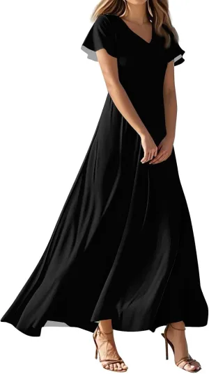 Dresses for Women Casual Solid Color V-Neck Short Sleeve Swing Long Maxi Dress Beach Sundress