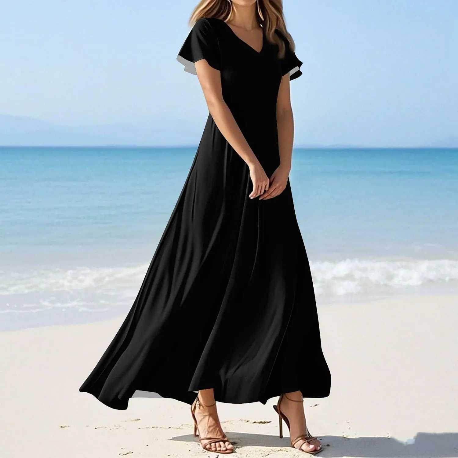 Dresses for Women Casual Solid Color V-Neck Short Sleeve Swing Long Maxi Dress Beach Sundress