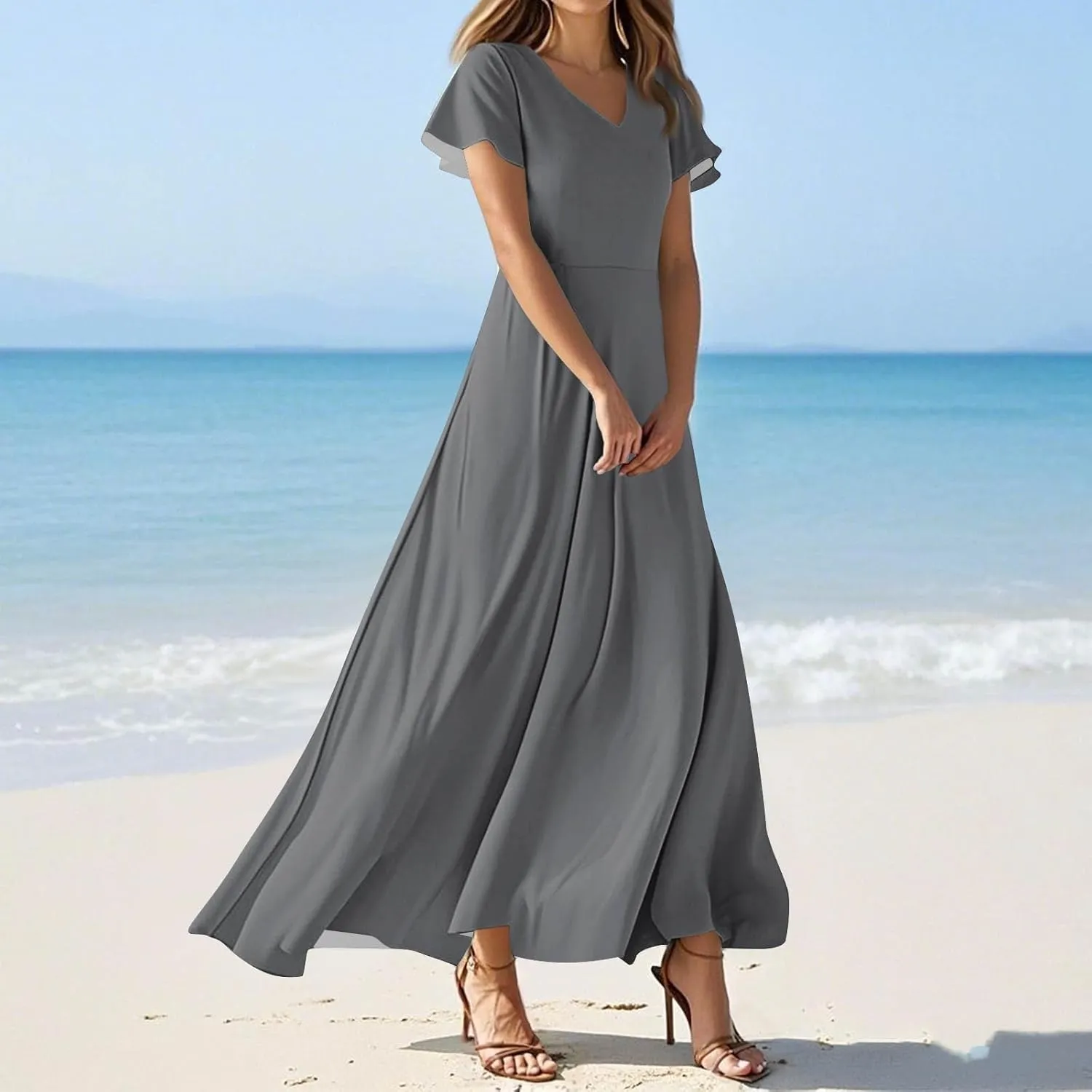 Dresses for Women Casual Solid Color V-Neck Short Sleeve Swing Long Maxi Dress Beach Sundress