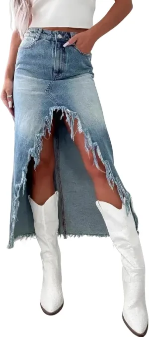 ebossy Womens Front Slit Denim Midi Skirt High Waisted Irreagular Frayed Raw Hem Distressed Jean Skirt
