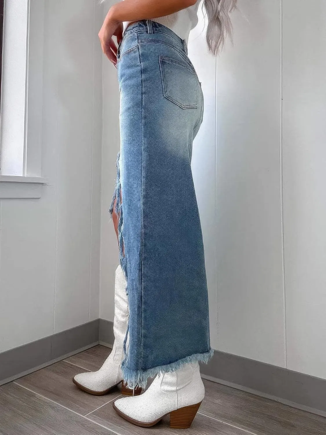 ebossy Womens Front Slit Denim Midi Skirt High Waisted Irreagular Frayed Raw Hem Distressed Jean Skirt