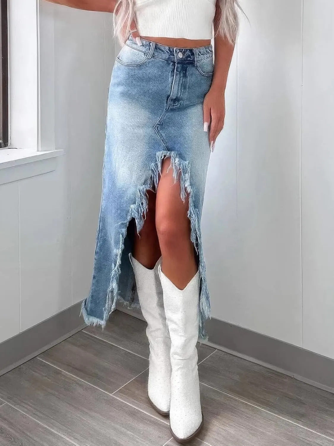 ebossy Womens Front Slit Denim Midi Skirt High Waisted Irreagular Frayed Raw Hem Distressed Jean Skirt