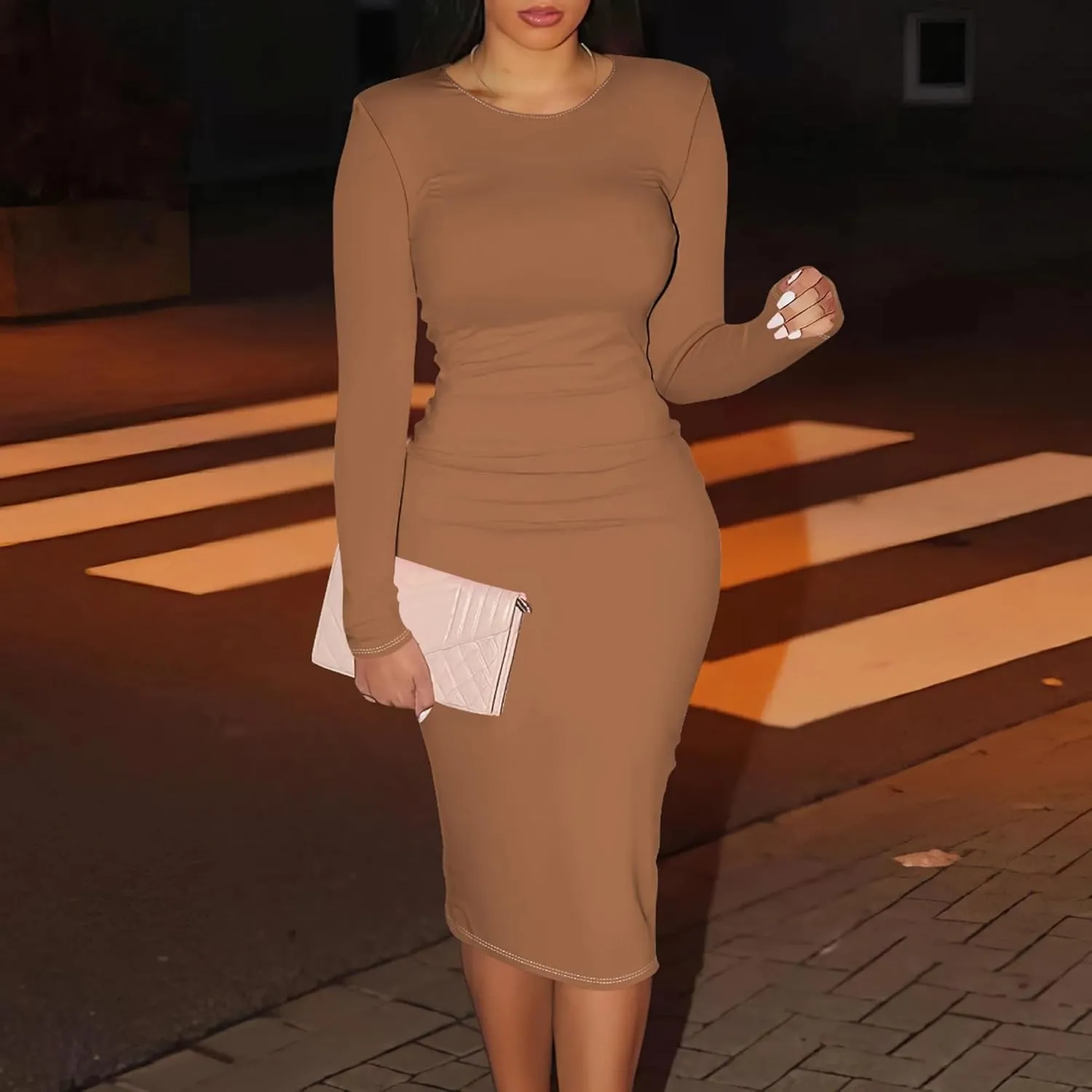 Elegant Basic Round Neck Midi Dress - Long Sleeve Bodycon Work Office Pencil Dress for Women
