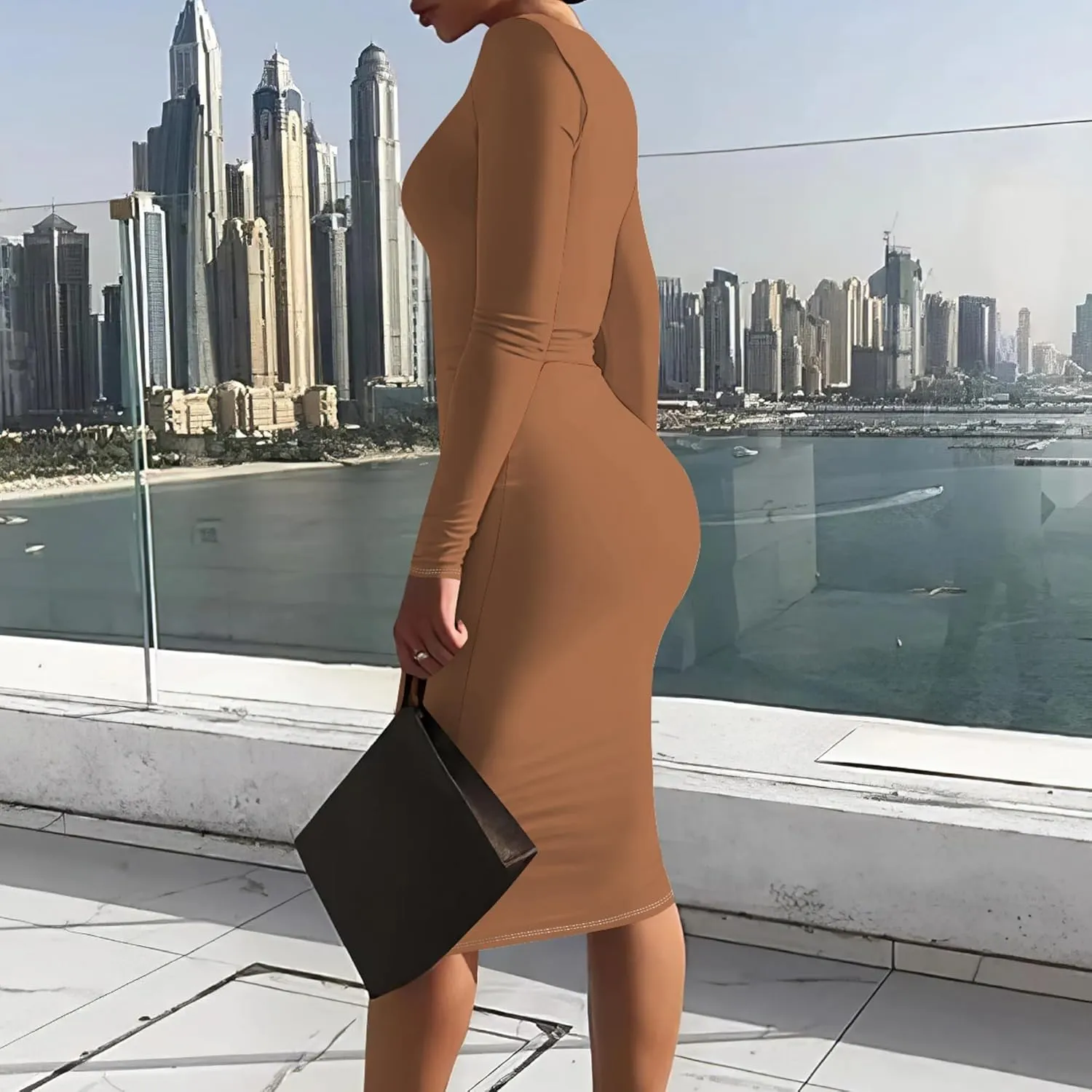 Elegant Basic Round Neck Midi Dress - Long Sleeve Bodycon Work Office Pencil Dress for Women