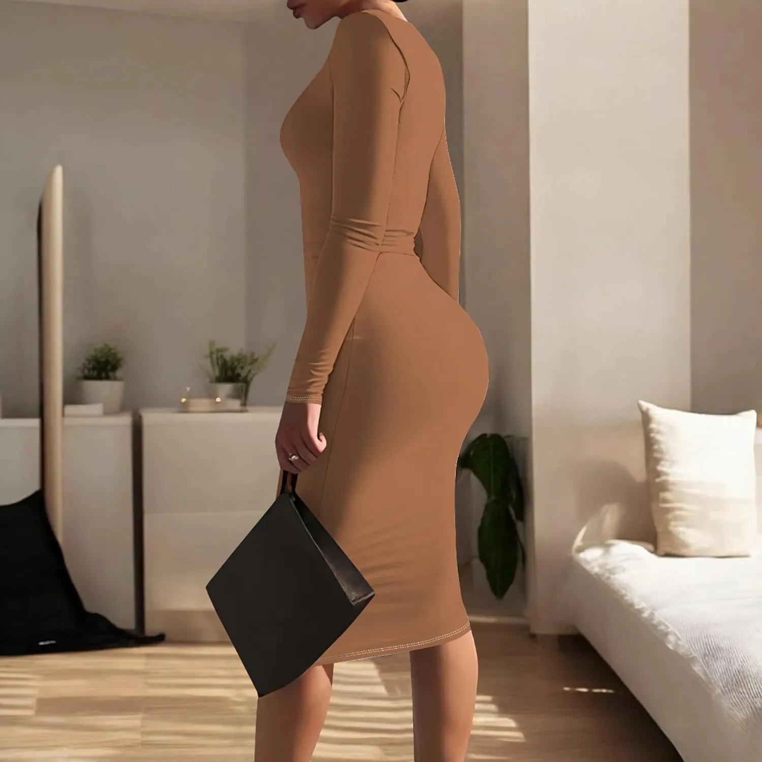 Elegant Basic Round Neck Midi Dress - Long Sleeve Bodycon Work Office Pencil Dress for Women