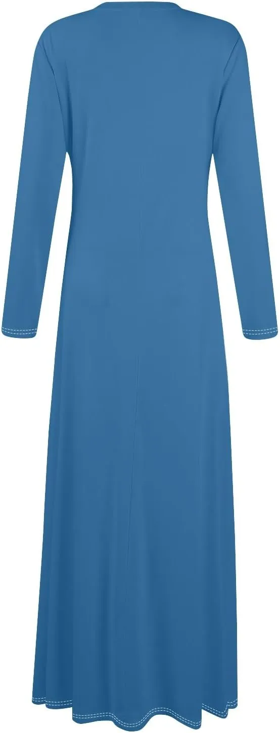 Elegant Women's Long Sleeve V-Neck Maxi Dress, Casual Loose Fit, Soft Red Fabric, Perfect for Summer Outfits