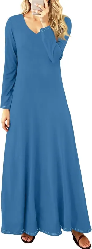 Elegant Women's Long Sleeve V-Neck Maxi Dress, Casual Loose Fit, Soft Red Fabric, Perfect for Summer Outfits