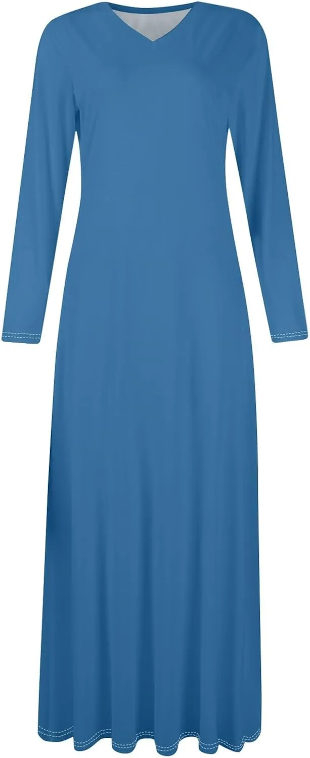 Elegant Women's Long Sleeve V-Neck Maxi Dress, Casual Loose Fit, Soft Red Fabric, Perfect for Summer Outfits