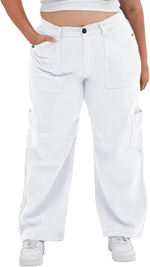 Eytino Womens Plus Size Cargo Pants High Waisted Stretch Wide Leg Baggy Pants Casual Trousers with Pockets(1X-5X)