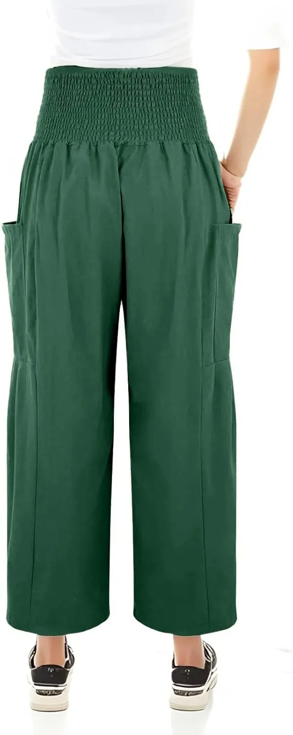 fanmpghleoo Linen Pants Women Summer Smocked Elastic High Waisted Linen Joggers with Pockets Wide Leg Yoga Boho Harem Pants