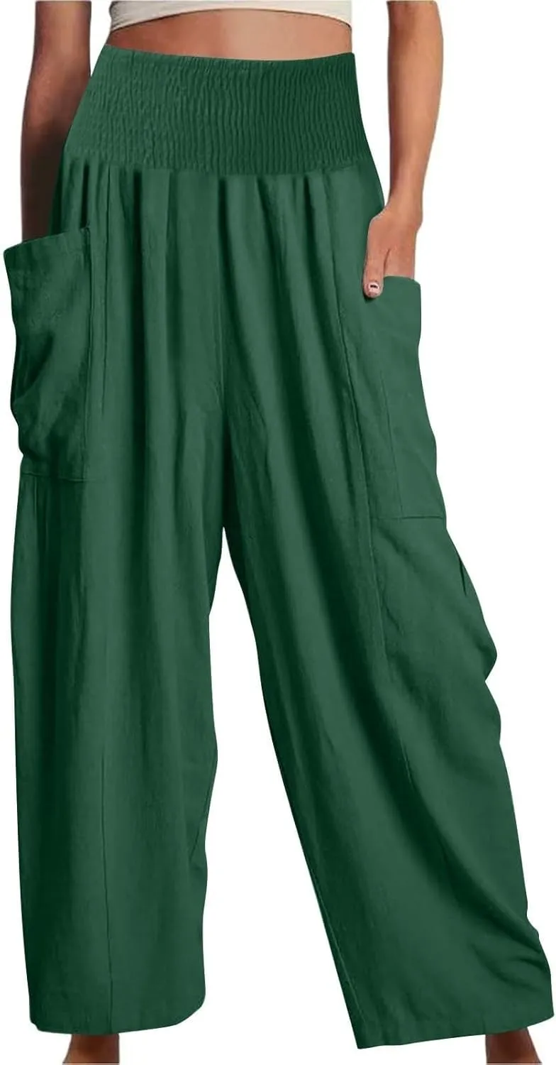 fanmpghleoo Linen Pants Women Summer Smocked Elastic High Waisted Linen Joggers with Pockets Wide Leg Yoga Boho Harem Pants
