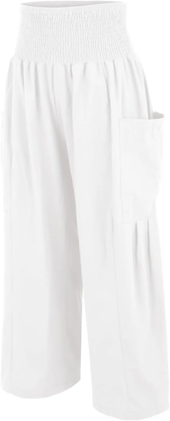 fanmpghleoo Linen Pants Women Summer Smocked Elastic High Waisted Linen Joggers with Pockets Wide Leg Yoga Boho Harem Pants