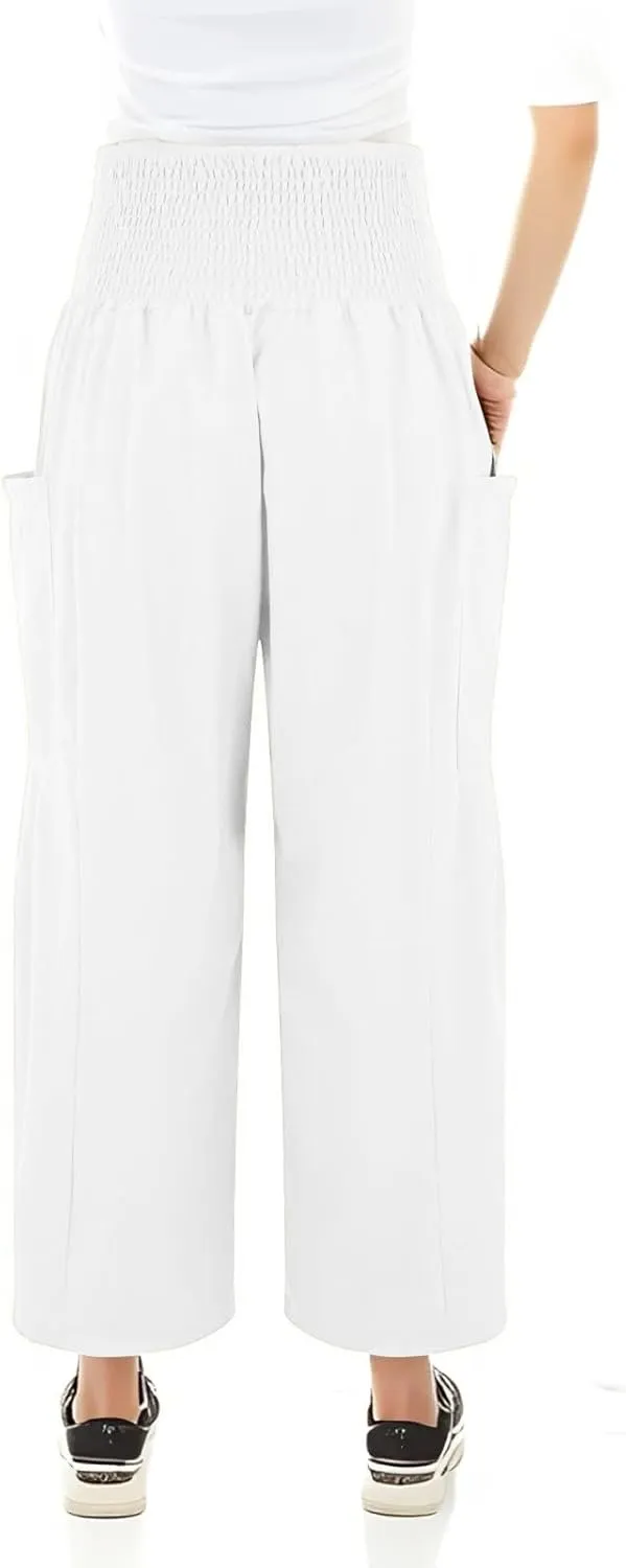 fanmpghleoo Linen Pants Women Summer Smocked Elastic High Waisted Linen Joggers with Pockets Wide Leg Yoga Boho Harem Pants