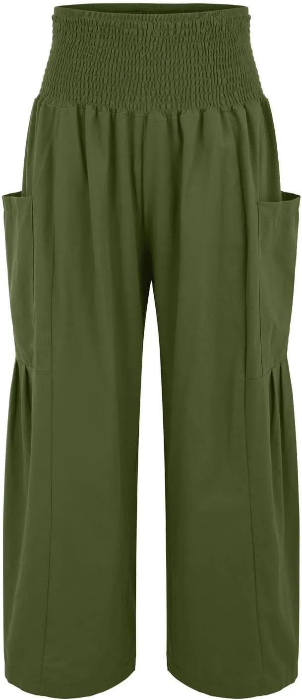fanmpghleoo Linen Pants Women Summer Smocked Elastic High Waisted Linen Joggers with Pockets Wide Leg Yoga Boho Harem Pants