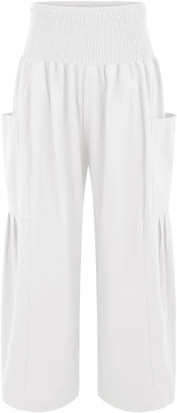 fanmpghleoo Linen Pants Women Summer Smocked Elastic High Waisted Linen Joggers with Pockets Wide Leg Yoga Boho Harem Pants